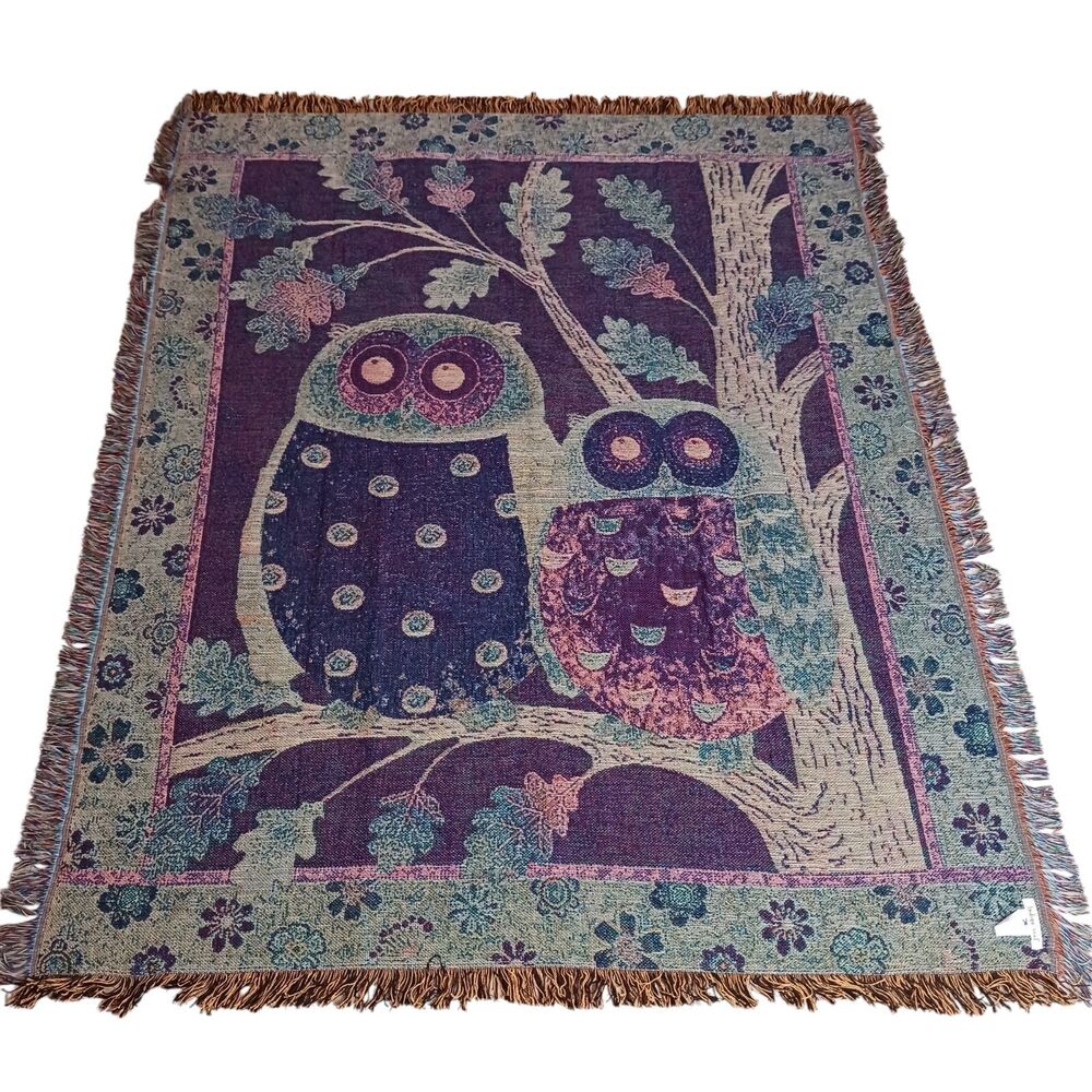 Indigo Soul Owl Woven Afghan Tapestry Throw Blanket Birds Gift Owls - Picture 2 of 5